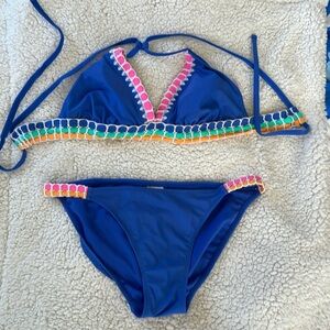Xhilaration 2 piece bikini, bottom L, top D/DD, EUC, blue with cute deta…